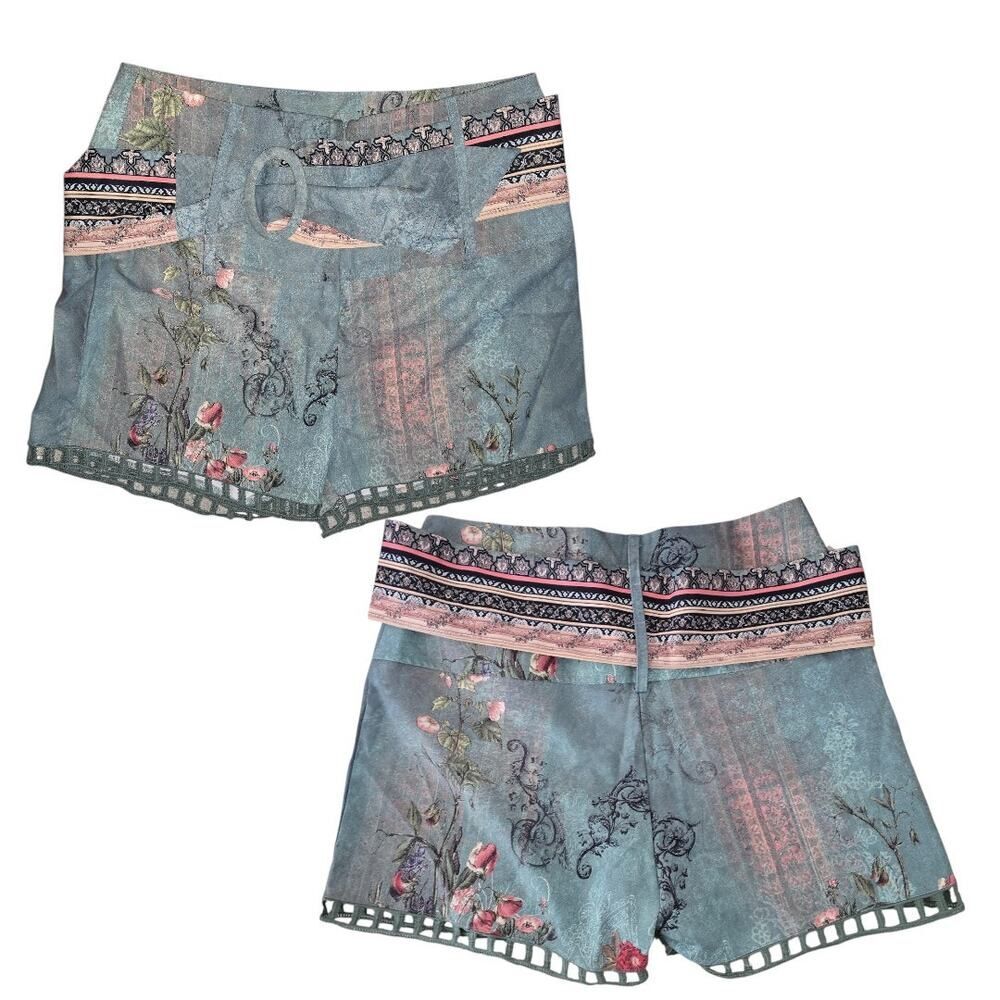 Boho Patchwork Belted Shorts Large Paperbag Waist Floral Summer